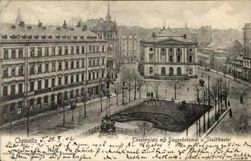 Ak Chemnitz in Sachsen, Theaterplatz, Siegesdenkmal, Stadttheater