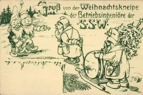 Ak Zwerge ziehen ein Bierfass, Gruß von der Weihnachtskneipe der Betriebsingeniöre der SSW