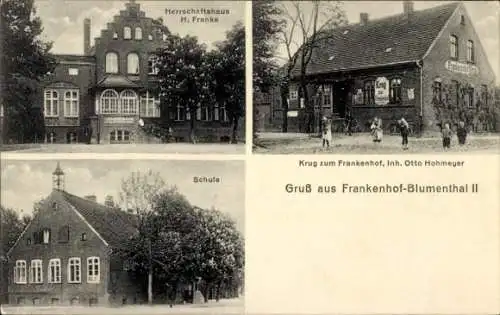 Ak Blumenthal Burg bei Magdeburg, Krug zum Frankenhof, Herrschaftshaus H. Franke, Schule