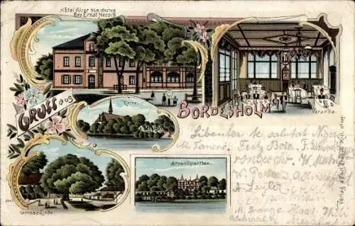 Litho Bordesholm in Schleswig Holstein, Hotel Alter Haidkrug, Kirche, Linde