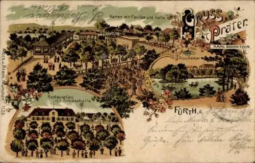 Litho Fürth in Mittelfranken Bayern, Prater, Garten m. Pavillon u. Halle, Restauration, Schiesshalle