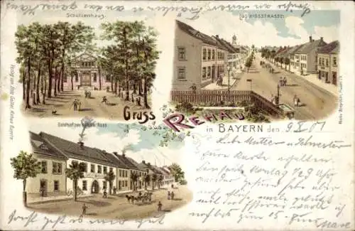 Litho Rehau im Fichtelgebirge Oberfranken, Schützenhaus, Ludwigstraße, Gasthof zum rothen Ross