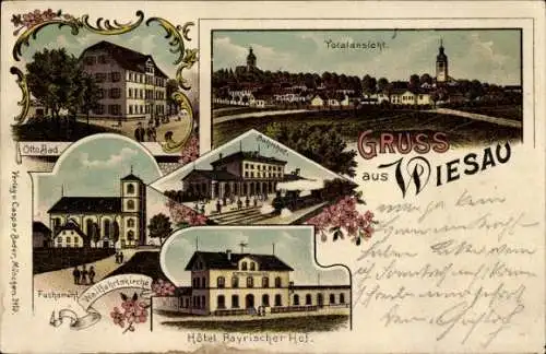 Litho Wiesau im Nordgau Oberpfalz, Otto Bad, Wallfahrtskirche Fuchsmühl, Bahnhof, Hotel Bayr. Hof