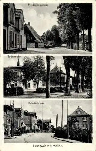 Ak Lensahn Holstein, Hindenburgstr., Böderstr., Bahnhofstr., Geschäft Hans Puck, BP Olex Zapfsäule