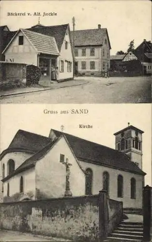 Ak Sand am Main Unterfranken ?, Kirche, Bäckerei v. Alf. Jaeckle