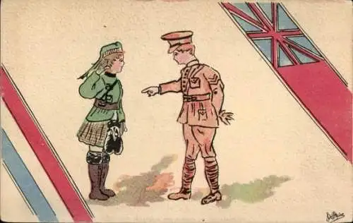 Künstler Ak Britischer Soldat, Uniform, Soldatin im Kilt, Flaggen