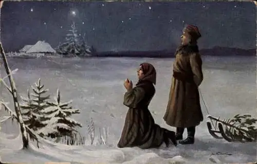 Künstler Ak Wasilewski, J., Weihnachten, betendes Mädchen, Junge in Uniform, Schlitten