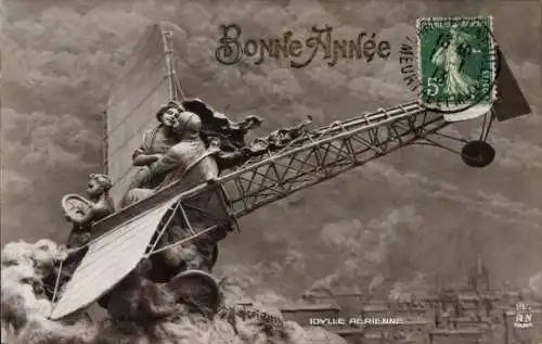 Ak Plastik von D. Mastroianni, Flugzeug, Pilot, Frau, Glückwunsh Neujahr