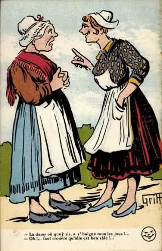 Künstler Ak Griff, Zwei Frauen in französischen Trachten unterhalten sich