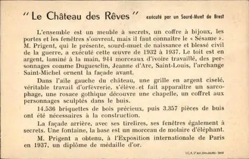 Ak Brest Finistère, Le Chateau des Reves, ausgeführt von einem Taubstummen aus Brest