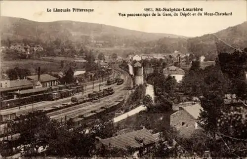 Ak Saint Sulpice Lauriere Haute Vienne, Bahnhof, Depot, Mont-Chatelard, Panorama