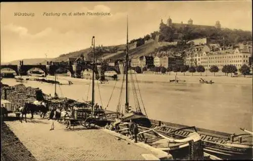 Ak Würzburg am Main Unterfranken, Teilansicht, Festung, alte Mainbrücke