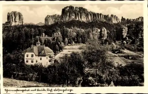 Ak Ostrau Bad Schandau in Sachsen, Schrammsteingebiet mit Baude, Schrammsteingebirge