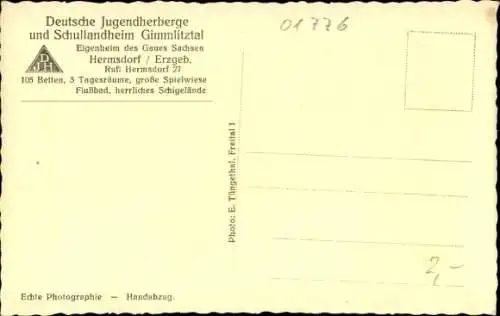 Ak Gimmlitztal Hartmannsdorf Reichenau im Erzgebirge, Jugendherberge, Schullandheim