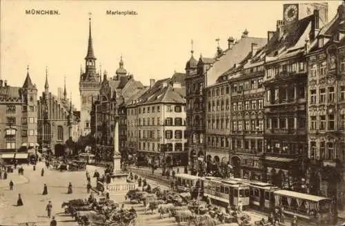 Ak München, Marienplatz, Straßenbahnen, Säule