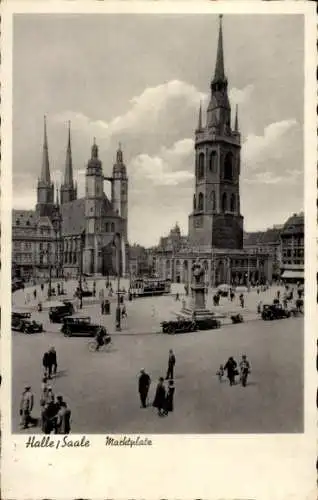 Ak Halle an der Saale, Marktplatz, Kirche, Denkmal, Straßenbahn