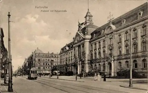 Ak Karlsruhe in Baden, Kaiserstraße, Postamt, Straßenbahn Linie 2