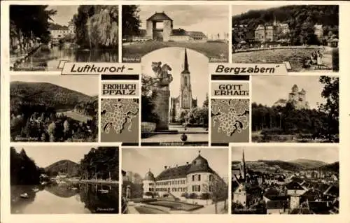 Ak Bad Bergzabern an der Weinstraße Pfalz, Panorama, Kriegerdenkmal, Schwimmbad, Schloss, Kirche