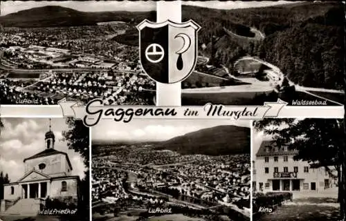 Ak Gaggenau im Murgtal Schwarzwald, Waldfriedhof, Luftbild, Kino, Waldseebad