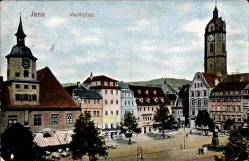 Ak Jena, Marktplatz, Turmuhr, Rathaus, Häuser