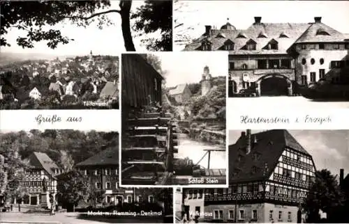 Ak Hartenstein im Erzgebirge Sachsen, Schloss Stein, Teilansicht, Markt, Flemming Denkmal, Volkshaus