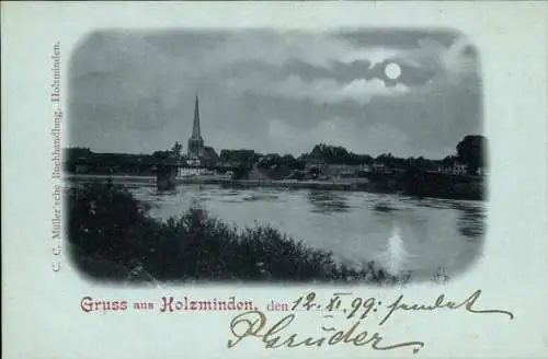 Mondschein Ak Holzminden an der Weser, Ufer, Kirche