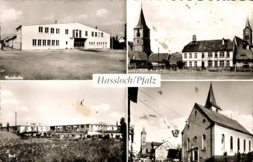 Ak Haßloch in Rheinland Pfalz, Pfalzhalle Bad, Kirche