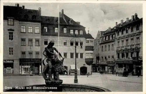 Ak Gera Thüringen, Markt mit Simsonbrunnen, Kutsche, Geschäft Traugott Gerhardt