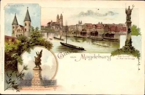 Litho Magdeburg, Marienkirche, Denkmal im Herrenkruge, Neustädter Siegesdenkmal