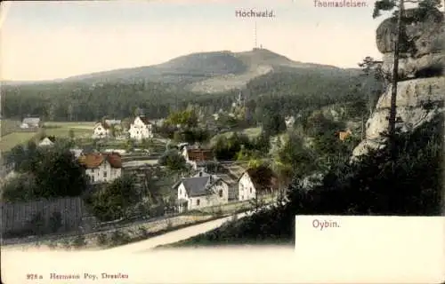 Ak Oybin in der Oberlausitz, Gesamtansicht, Hochwald, Thomasfelsen