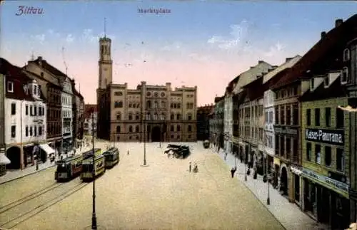 Ak Zittau Oberlausitz, Markt, Kaiser-Panorama, Straßenbahnen