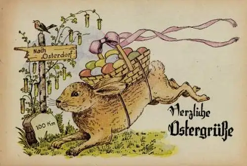 Ak Frohe Ostern, Osterhase, Ostereier, Wegweiser nach Osterdorf