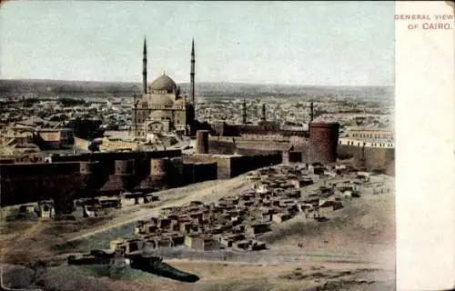 Ak Kairo Ägypten, Totalansicht der Stadt, Moschee, Minarette, Stadtmauer