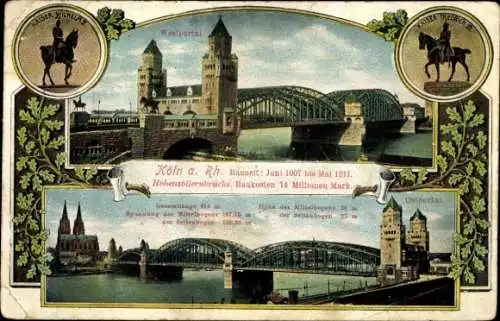 Ak Köln am Rhein, Hohenzollernbrücke, Westportal, Ostportal, Dom