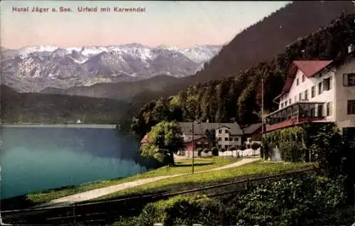 Ak Urfeld Kochel am See Oberbayern, Hotel Jäger am See, Karwendel, Gebirge