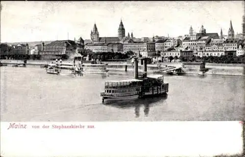 Ak Mainz am Rhein, Blick von der Stephanskirche aus, Türme, Dampfer