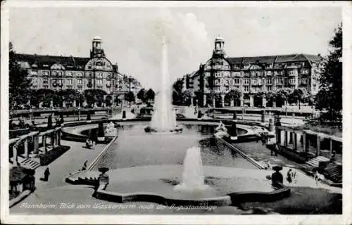 Ak Mannheim in Baden, Blick vom Wasserturm auf Augustaanlage, Wasserfontänen, Gartenanlage