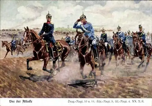 Künstler Ak Döbrich Steglitz, Dragoner Regiment 10 und 11, Kür. Rgt. 5, Ulanen Rgt. 4