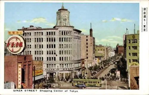 Ak Tokio Präf. Tokio Japan, Ginza Street, Geschäftsstraße, Warenhäuser, Straßenbahn