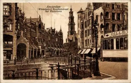 Ak Amsterdam Nordholland Niederlande, Einkaufsgalerie Raadhuisstraat mit Westertoren