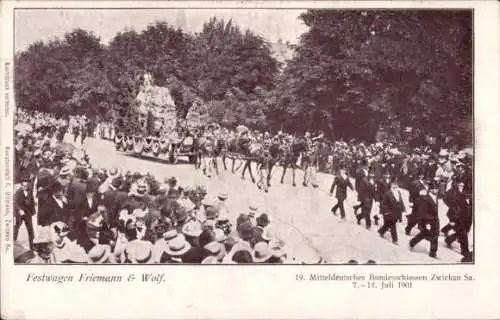 Ak Zwickau in Sachsen, 19. Mitteldeutsches Bundesschießen 1901, Festwagen Friemann & Wolf