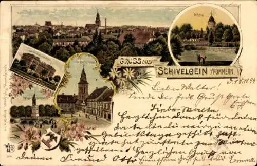 Litho Świdwin Schivelbein Pommern, Gesamtansicht, Kriegerdenkmal, Kirche