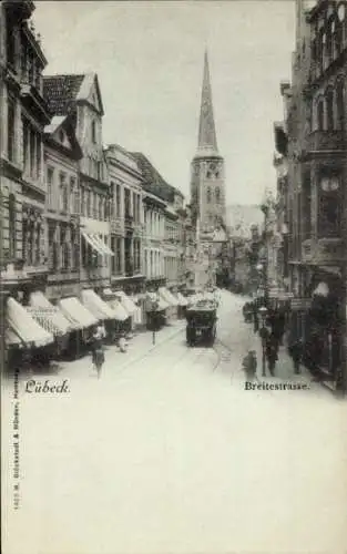 Ak Hansestadt Lübeck, Breitestraße, Geschäfte, Kirche, Straßenbahn