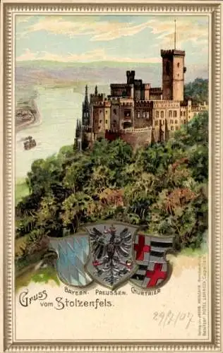 Präge Wappen Litho Stolzenfels Koblenz am Rhein, Gesamtansicht, Burg, Preußen, Churtrier