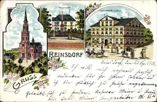 Litho Reinsdorf in Sachsen, Kirche, Kriegerdenkmal, Curt Leonhardt´s Gasthof