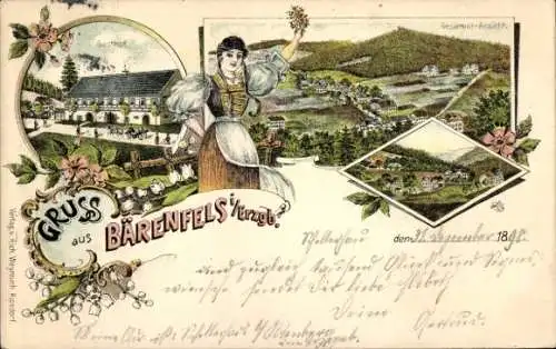 Litho Bärenfels Altenberg im Erzgebirge, Gasthof, Totalansicht