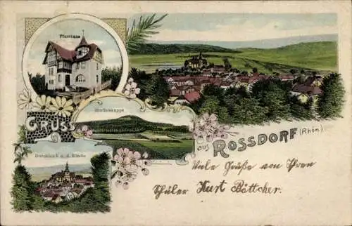 Litho Roßdorf Rhön in Thüringen, Pfarrhaus, Stoffelskuppe, Totalansicht