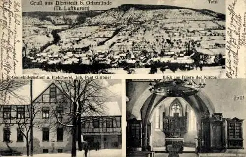 Ak Dienstedt Stadtilm in Thüringen, Gasthof und Fleischerei, Kirche, Innenansicht, Winteransicht