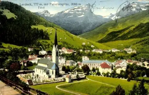 Ak Landeck in Tirol, Gesamtansicht, Kirche, Friedhof, Parseierspitze