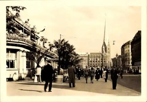 Ak Hamburg Mitte Neustadt, Jungfernstieg, Alsterpavillon, Passanten, Kirche